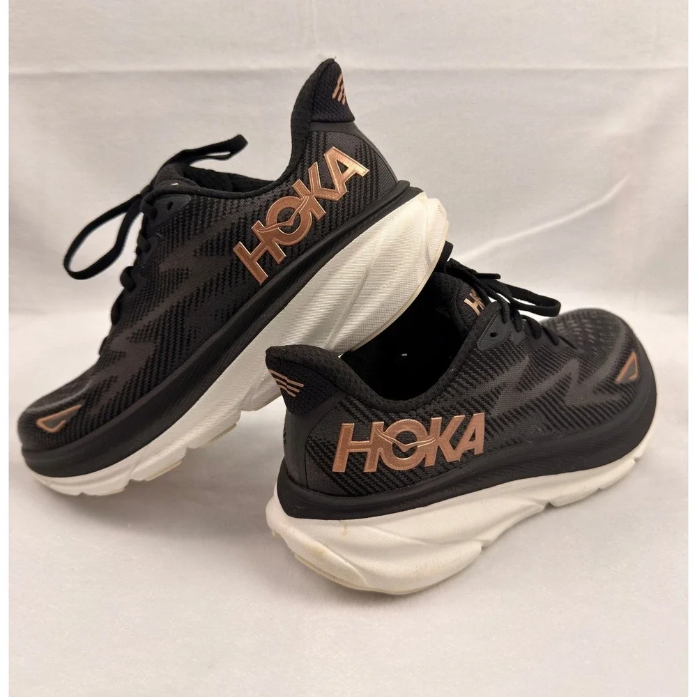 Hoka Clifton 9 Womens Running Shoes Black Rose Gold Metallic 1127896 8B
